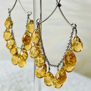 Chandelier Yellow Citrine/Glass Faceted Stones 3" Drop Silver Tone Earrings